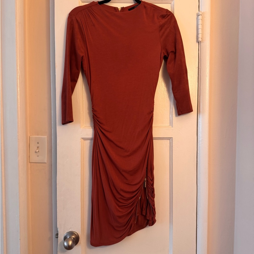 Guess Ruched Burnt Orange Sheath Dress Mock Neck 3/4 Sleeve